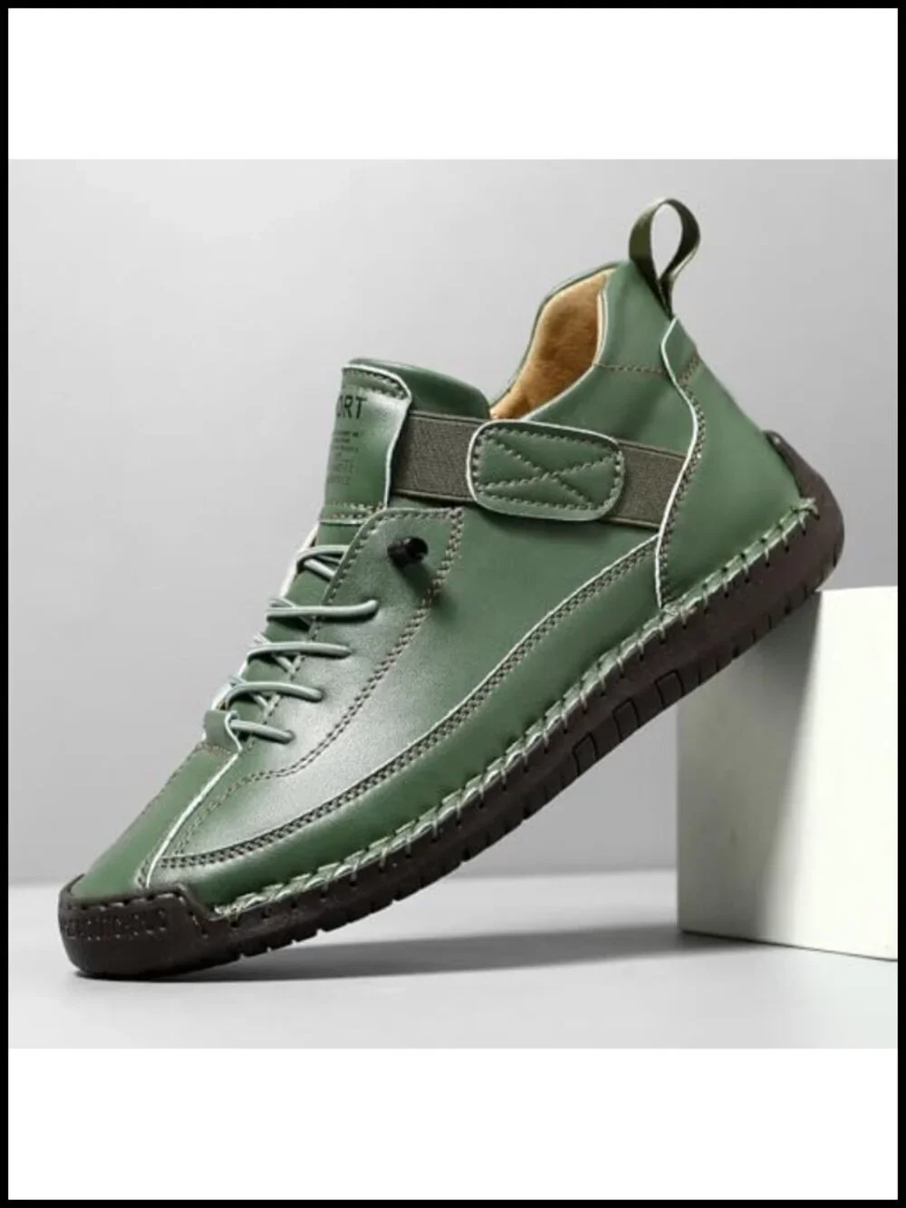 Women's Hand Stitching Leather Slip-On Ankle Boots with Elastic Band Casual